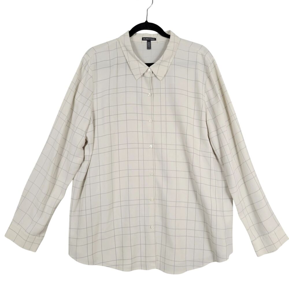 EILEEN FISHER Windowpane Classic Button Long Sleeve Blouse Office Career SIZE XL